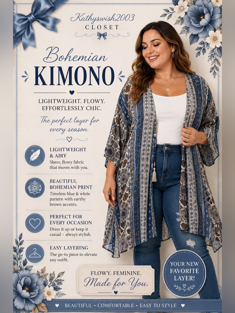 Sandy and Sid Bohemian Blue and White Patterned  Kimono Size Medium